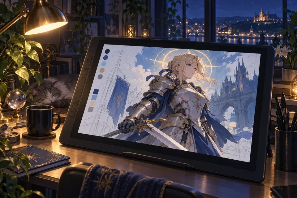 Anime-style illustration in progress on a digital drawing tablet