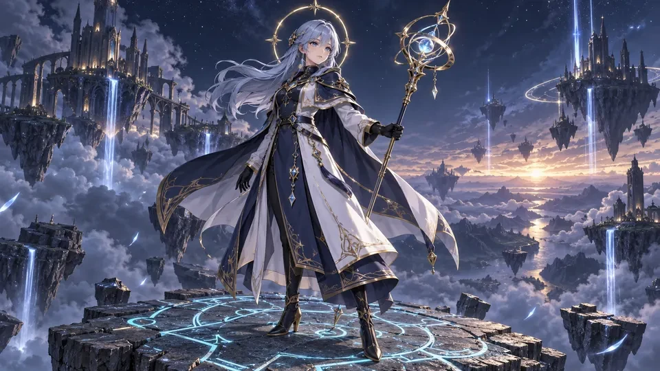 Anime-style mage with a golden halo standing on a floating stone platform among sky islands