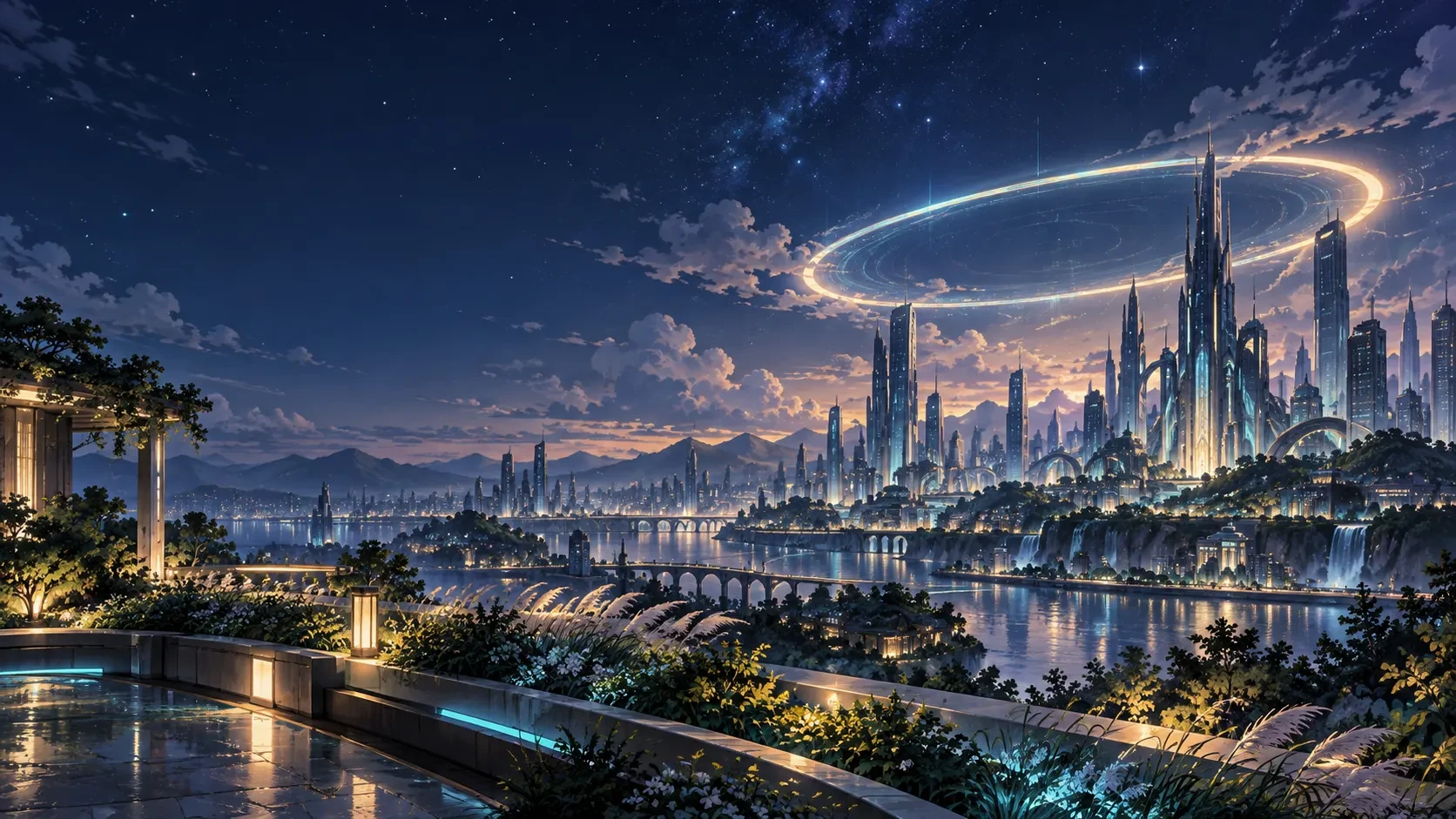Anime-style illustration of a futuristic city at twilight beneath a glowing halo ring