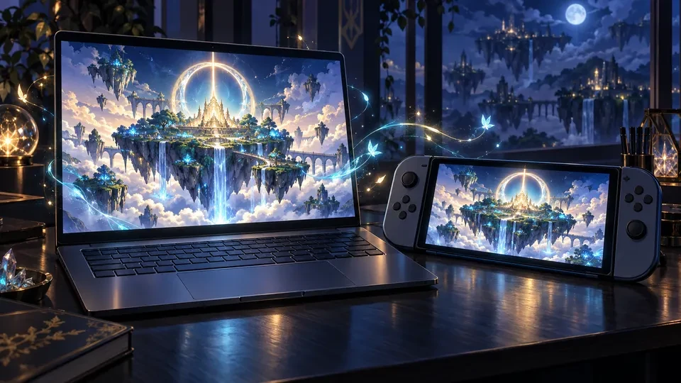 Fantasy game world displayed on a laptop and a handheld game console